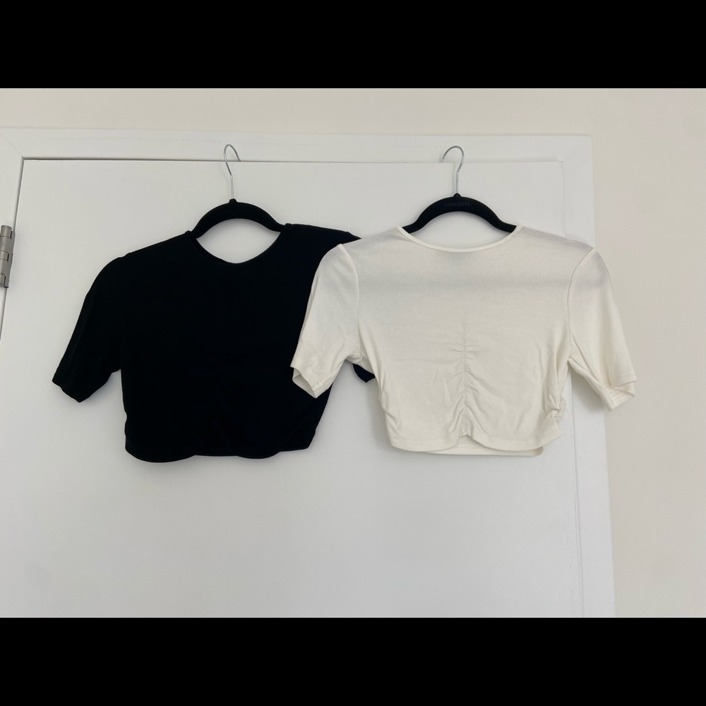 Black and white cropped top with cinching up the front